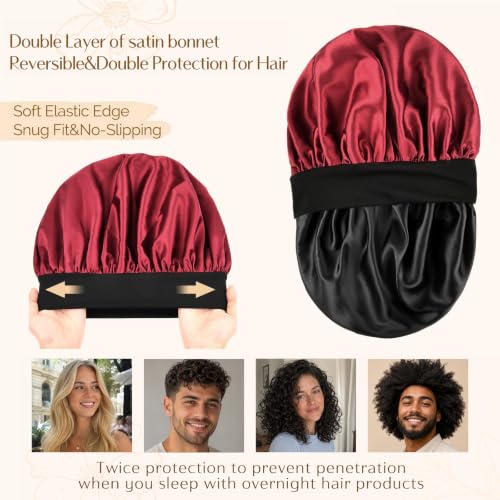 YANIBEST Satin Sleep Cap for Men & Women, Moisture Retention, Wine Red