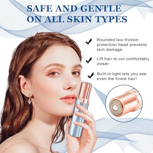 Facial Hair Removal for Women,Electric Rechargeable Face Shaver,Painless Gentle Trimming for Peach Fuzz,Lip,Chin with 2 x Replacement Heads (Blue)