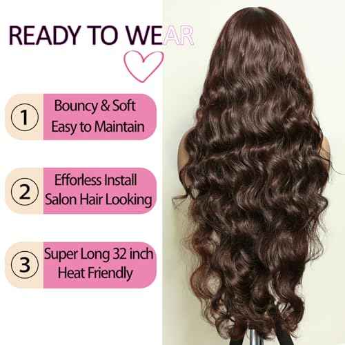SOKU Brown 13x6 Lace Frontal Wig 32 Inch Long Lightweight Wavy Hair Pre Plucked Hairline with Baby Hair Glueless Transparent Lace Heat Resistant Synthetic Lace Front Wigs for Black Women