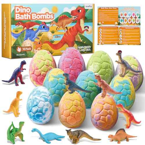 Dinosaur Bath Bombs for Kids with Surprise Inside, 10 Pack Natural Dino Eggs with Exclusive Carnivorous Dinosaur Toys, Fizzing Fun Gifts for Boys Girls, Dinosaur Toys for Kids Ages 3-9