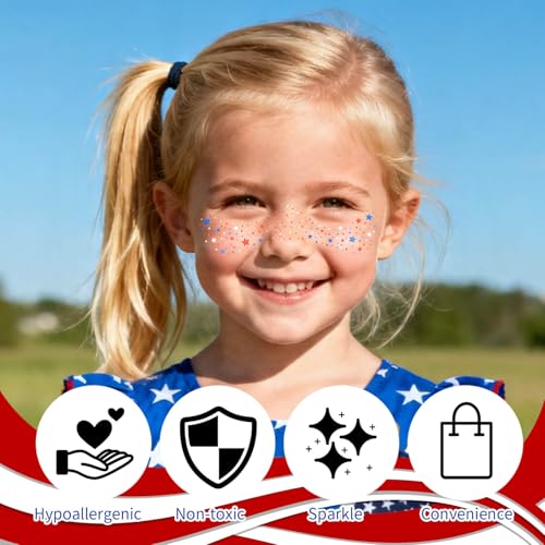 4th of July Red White Blue Glitter Face Tattoos, 8 PC