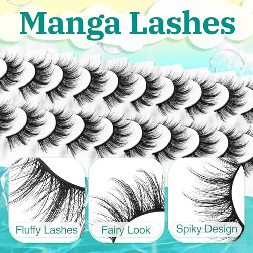 False Eyelashes Manga Lashes 10 Pairs Wispy Lashes Strips C Curl Fake Eyelashes 10-15mm Anime Lashes Fluffy Faux Mink Lashes Natural Look (FM03)