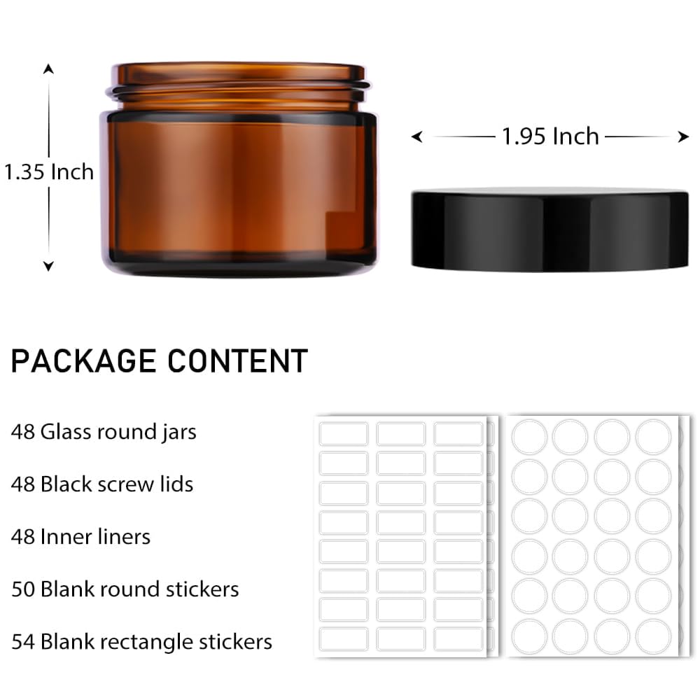 1 oz Round Clear Glass Jars, Bumobum 48 pack Cream Jars with Black Lids, Black and White Labels & Inner Liners, Empty Cosmetic Containers for Cream, Lotion