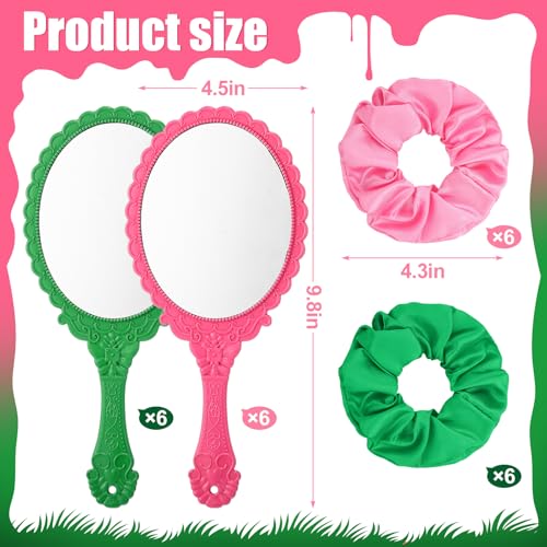 Qunclay 24 Pcs Pink and Green Witch Party Favors Pink & Green Handheld Mirrors with Hair Scrunchie Witch Merch Accessories Theme Birthday Party Decorations Gifts for Women BFF Movie Night Couples