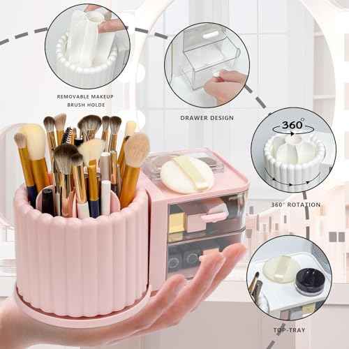 Makeup Organizer Countertop,360 Rotating Makeup Brush Holder With 2 Drawers,Small Preppy Organizer |9.25x5.11inch|Pink