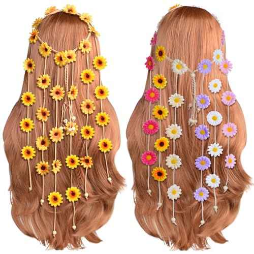 Sucrain 2pcs Flower Hippie Headband Floral Crown Summer Sunflower Hair Accessories for 70 s Bohemian Costumes Style (Yellow+Colorful)