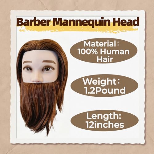 Barber Mannequin Head 12" Male Human Hair with Beard