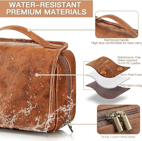 Elviros Brown Hanging Toiletry Bag for Men with Detachable Compartments – Travel Organizer & Dopp Kit