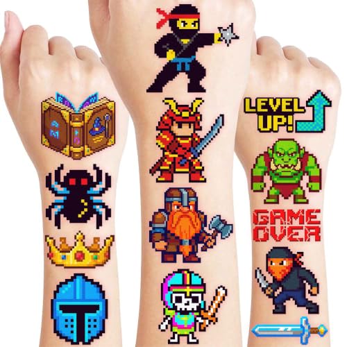96 Pixel Gaming Temporary Tattoos for Kids | Party Favors