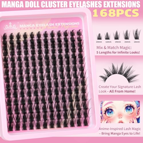 Doll Lash Clusters Manga Eyelash Extensions Cosplay Spiky Individual Lashes Extensions Anime Eyelash Clusters 168Pcs 10MM-18MM Thick Natural DIY Clusters