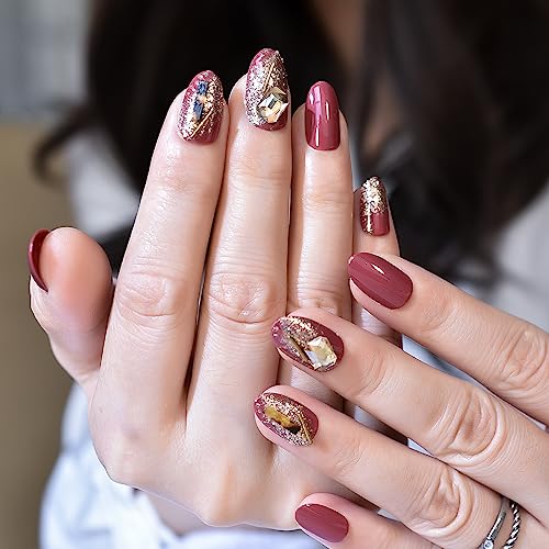 ELEVENAIL Shiny Glitter Press On Nails with 3D Diamond Glossy Brownish Red Christmas Nail Art Tips Medium Length Oval False Acrylic Salon Women Girls Manicure Reusable Fake Nails Gifts for Women Girls