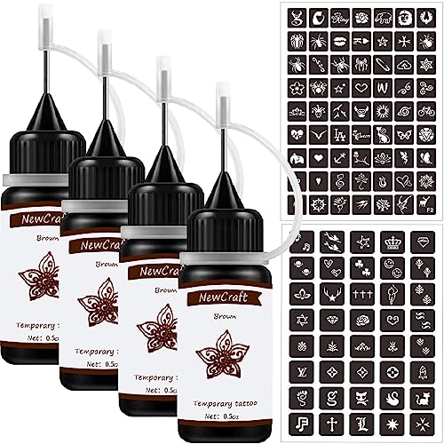4-Pack Brown Temporary Tattoo Ink Kit with 103 Stencils
