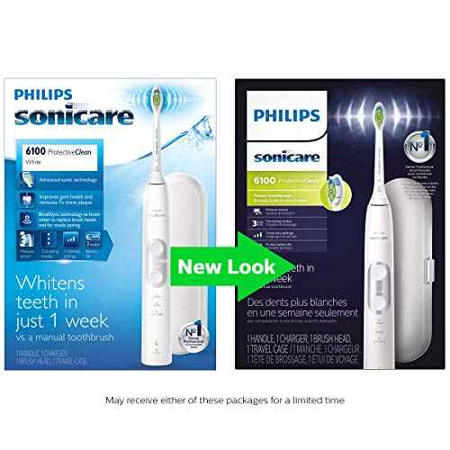 PHILIPS Sonicare ProtectiveClean 6100 Rechargeable Electric Toothbrush, with Pressure Sensor, 3 Cleaning Modes, SmarTimer and QuadPacer, 14-Day Battery Life, Travel Case, White, Model HX6877/21