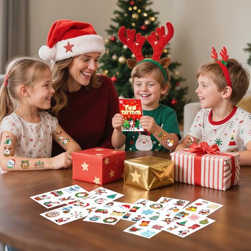 PARTYWIND 204 PCS Christmas Tattoos for Kids, Christmas Stocking Stuffers for Kids, Xmas Stickers Decorations Party Favors for Girls Boys, Christmas Goodie Bags for Classroom Prizes