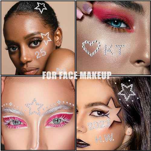 Hair Face Gems Jewels Self Adhesive Heart Numbers Letters Star Rhinestone Stickers, Stick on Rhinestones Stickers for Face, Hair, Makeup, Body, Crafts, Festival Decal Decor (5 Sheets, 463 Pcs)