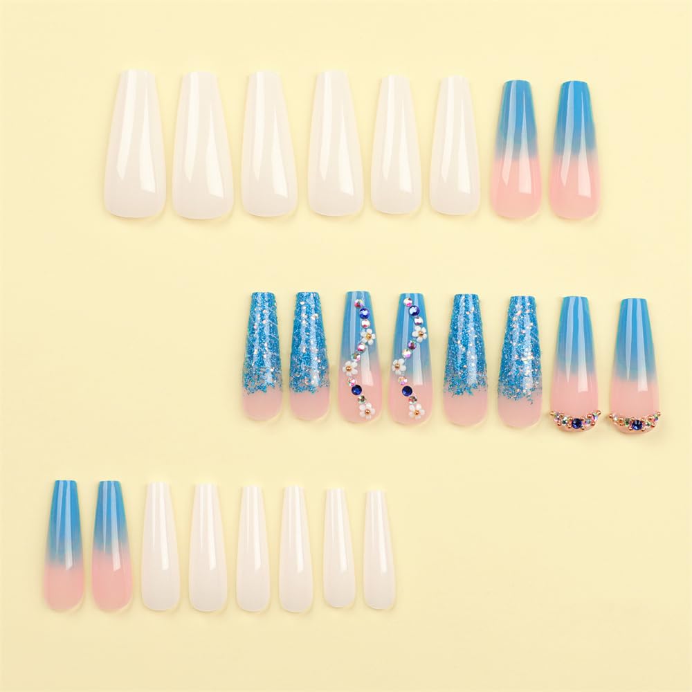 DOCVOEOMH Press on Nails Long Coffin Ombre Blue Acrylic Fake Nails with 3D Flower Design Rhinestones Glitter Glue on Glossy Full Cover Artificial Gel False Stick on Nail for Girls Women Wedding 24Pcs