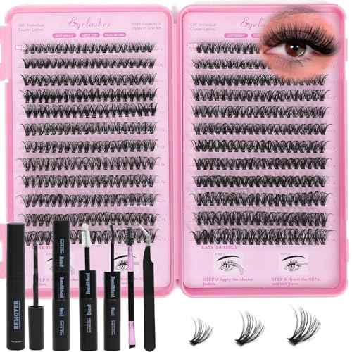 Lash Clusters Kit, Eyelash Clusters Individual Lash Extension Kit 480 Pcs D Curl Fluffy Wispy False Eyelashes Extensions Thin Band with Bond Seal Tweezers Brush Removers (40D+50D KIT)