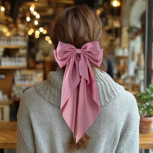 6Pcs Large Bows Hair Clips for Women Girls Long Tail Hair Ribbon Silky Satin Barrettes Coquette Bows Accessories (Black/Pink/Red/White)