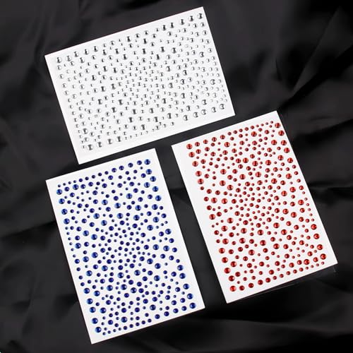 Face Gems 6 Sheets Hair Gems, Self Adhesive Face Jewels Stickers, Red White and Blue Star Festival Face Gems Stick on, 4th of July Rhinestone for Face, Eye, Makeup, Rave Accessories for Kids, Women