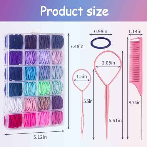 360PCS Hair Accessory Set: Elastic Ponytail Holders, Clear Organizer Box, Rat Tail Comb, 24 Colors for Kids, Toddlers, and Girls