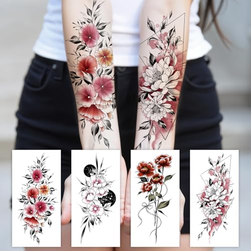 Cerlaza Realistic Flower Temporary Tattoos for Women, 12 Sheet Waterproof Semi-Permanent