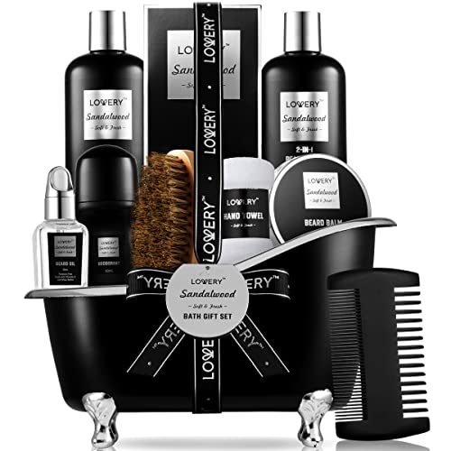 Gifts for Men, Valentines Day Gifts for Him Body And Wash Gift Set Beard Kit and Body Care, Sandalwood Spa Baskets, Bath and Beard Grooming Kit, for Husband, Dad, Beard Balm Growth Oil