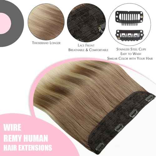 SURNEL Wire Hair Extensions Real Human Hair, 22inch 80g Ash Brown to Platinum Blonde Invisible Wire Hair Extensions(22,8T60)