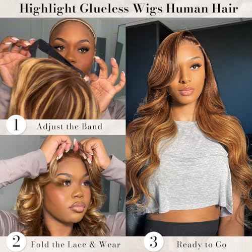 LuAiJa 26 Inch Glueless Ombre Lace Front Wig Human Hair Honey Blonde Wigs Human Hair Pre Plucked Pre Cut 9x6 Highlight Wig 200% Density #4/27 Loose Wave Wig for Women