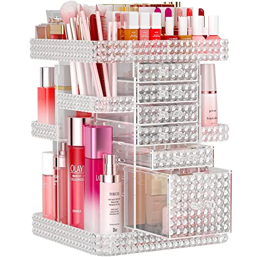 2 Pack Makeup Organizer Set, Rotating Makeup Organizer with 6 Drawers, Makeup Brush Holder, Clear
