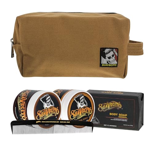 Suavecito Men's Hair Grooming Set OG & Firme (Strong) Hold Pomade, Body Soap, Large Deluxe Comb & Sand Canvas Bag