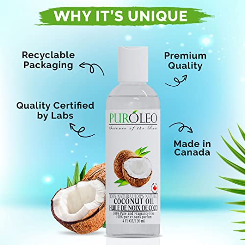 PUROLEO Fractionated Coconut Oil 4 Fl Oz/120 ML (Packed in Canada) 100% Natural and odorless Moisturizer & Carrier Oil l Hair Skin Body, Aromatherapy, Massage, Makeup Remover