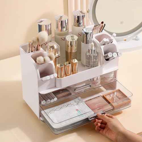 Anyoifax Makeup Organizer Countertop with Large Drawers, Vanity Organizer with Brush Holder, Skin Care Storage for Dresser, Perfume Organizer for Lotion, Lipsitck, Palette, White