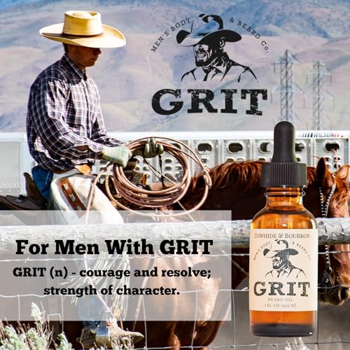 GRIT Cowhide & Bourbon Premium Beard Oil (1 Fl oz) | Coconut Oil, Vitamin E | Beard Oil for Grooming | Hydrating Conditioning Oils | Softens Brittle & Dry Facial Hair |