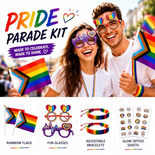 Pride Party Kit: 2 Glasses, Rainbow Flags, Bracelets & Tattoos