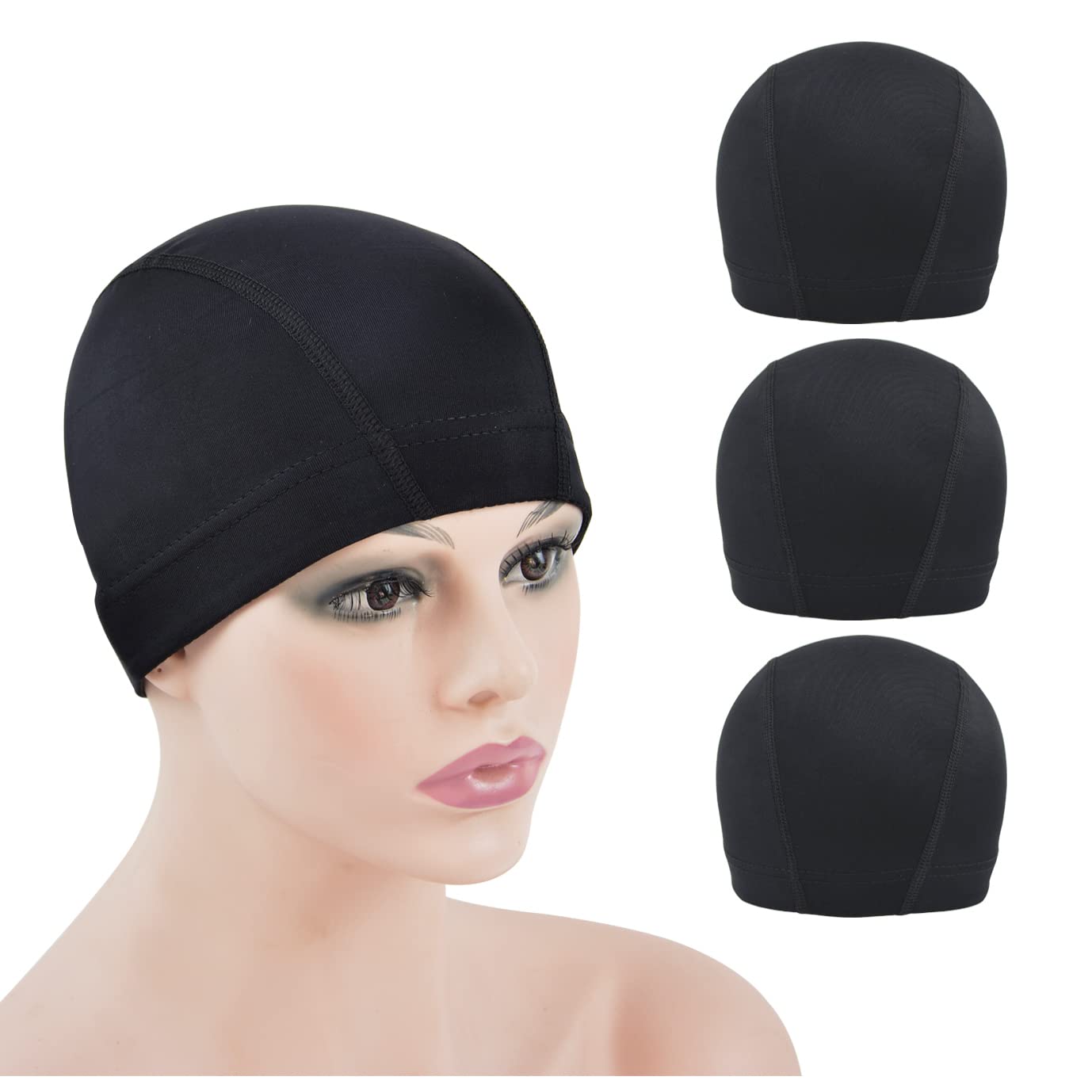 YTBYT 3 Pcs Dome Cap Wig Caps for Making Wig Stretchy Wig Cap with Wide Elastic Band (Black Dome Cap M)