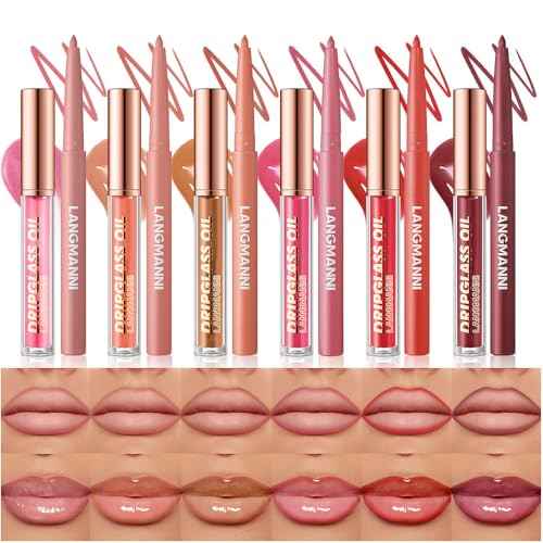 BestLand 12pcs Hydrating Lip Oils + Lip Liner Pencil Lip Combo Sets, 24H Long-Lasting Lip Kit with Lip Liner and Gloss, Nourishing, Non-Sticky Tinted Stain Lip Gloss Plumping Lip Oil Set for Women