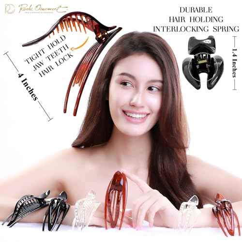 RC ROCHE 6 Pcs Flat Hair Clips Big Claw for Thick Hair French Duckbill Women No Slip Side Slide Curved Alligator Concord Strong Grip Hold Volume Lay Down Clamp, Large Clear Brown & Black