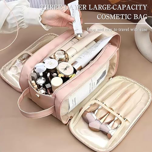 Cozomga Pink 3-Tier Large Capacity Cosmetic Makeup Bag Travel Organizer