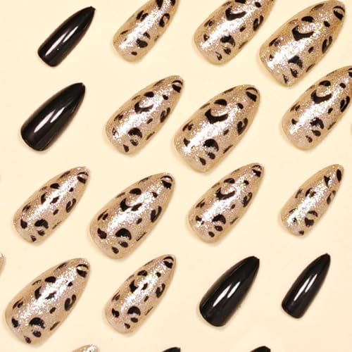 Press On Nails Medium Almond 24Pc French Leopard Glitter