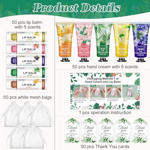 VESPRO 50 Sets Bulk Hand Cream & Lip Balm Favors with Organza Bags & Cards