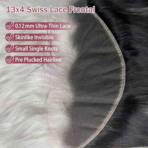 13x4 Lace Frontal, 0.12mm Ultra-Thin Transparent Swiss HD Lace Pre Plucked with Baby Hair Silk Soft Straight 12A Brazilian Virgin Human Hair Frontal Closure Free Part Single Knots 12 Inch