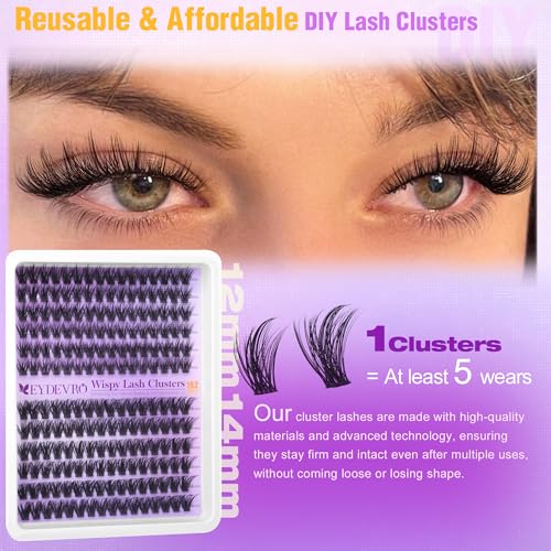 EYDEVRO Wispy Lash Clusters 12-14mm Natural Eyelash Extensions 192 Pcs