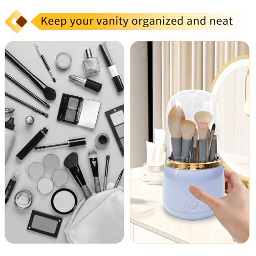 Makeup Brush Holder, 360 Rotating Makeup Brush Organizer with Lid, 7 Slots Brushes Organizer for Countertop Cosmetic Display and Storage, Purple