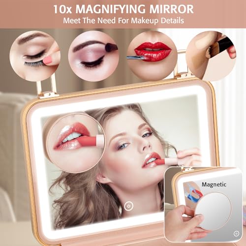 Longyu Makeup Box with Lighted Mirror Travel Train Case Cosmetic Organizer and Makeup Suitcase with Adjustable Dividers and 5X Mirror (Pink)