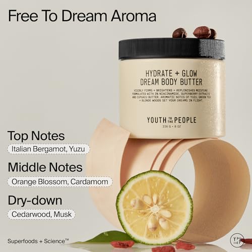 Youth To The People Superberry Hydrate + Glow Dream Body Butter - 3% Niacinamide + Jojoba Oil, Shea + Cupua?u Butters, Yuzu + Green Tea + Blonde Woods Scented Body Lotion, Firming Moisturizer, Vegan