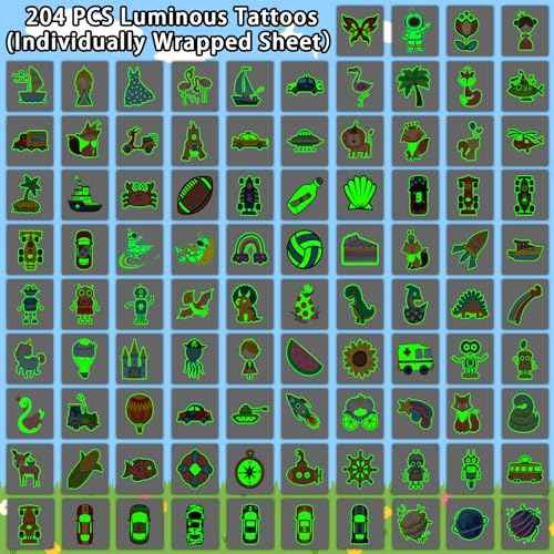 Partywind 408 PCS Temporary Tattoos for Kids, Glow and Glitter Fake Tattoo Stickers for Boys Girls Party Supplies Favors, Cute Goodie Bag Stuffers for Children (Individually Wrapped Sheet)