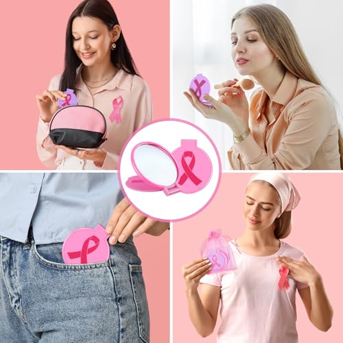 clothmile 50 Sets Breast Cancer Awareness Gifts Include 50 Pink Ribbon Mini Folding Makeup Mirrors 50 Pink Cards 50 OPP Bags for Girls Women Survivor Party Favors Supplies