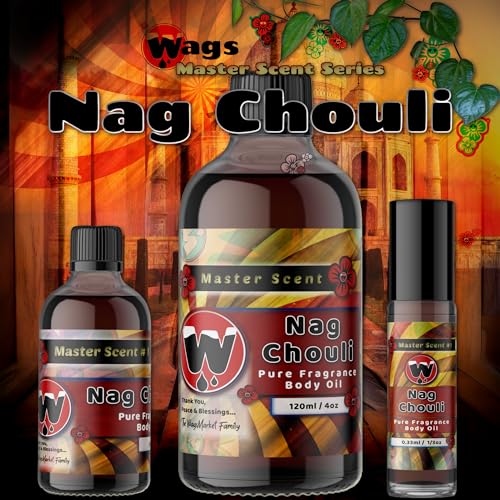 WagsMarket - Nag Champa Perfume Oil & Patchouli Essential Oil, Nag Chouli Essential Perfume Oil, Choose from Roll On to 0.33oz - 4oz Glass Bottle (4oz Glass Bottle)
