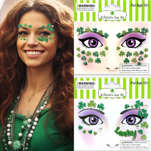 St. Patrick's Day Face Tattoos, 2 Pack Shamrock Glitter Gem Stickers