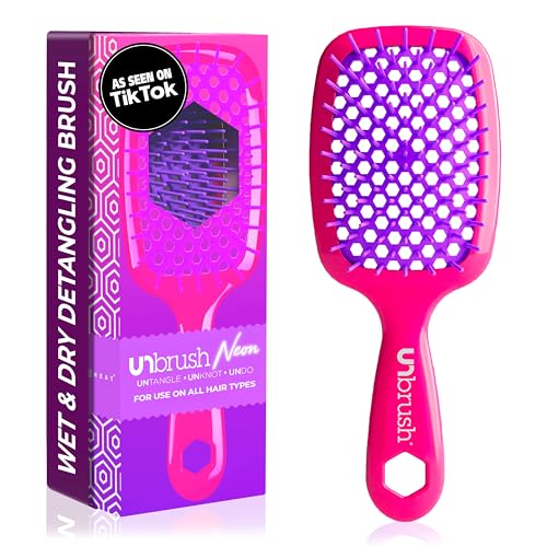 FHI Heat UNbrush Detangling Brush for Pain-Free Brushing on All Wet or Dry Hair Types — Durable DuoFlex Anti-Static Bristles, Lightweight Handle, Vented Hair Brush, Pink Burst